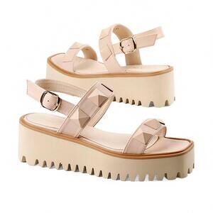 NEW ALL BLACK women's pyramid stud flatform sandal in pink